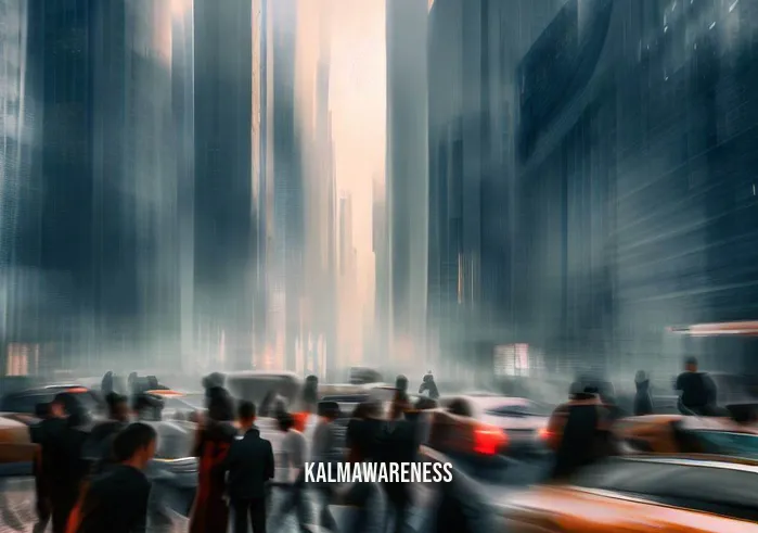 1 hour guided meditation _ Image: A bustling cityscape with people rushing in all directions, surrounded by tall skyscrapers and honking cars.Image description: The city is a chaotic hub of activity, people are stressed, and there