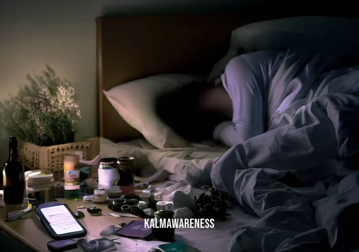 20 minute guided sleep meditation _ Image: A dimly lit bedroom with a cluttered nightstand, a person tossing and turning restlessly in bed, bathed in the soft glow of their phone screen displaying a sleepless night.Image description: A person