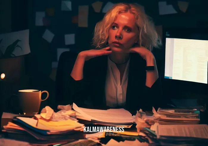 25 minute guided meditation _ Image: A woman in business attire sitting at her cluttered desk in a dimly lit office, looking overwhelmed.Image description: The woman is buried in paperwork, her computer screen displaying a never-ending to-do list.