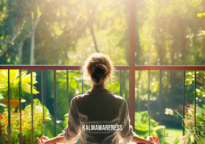 25 minute guided meditation _ Image: The same woman now sits cross-legged on a serene, sunlit balcony overlooking a lush garden, beginning to relax.Image description: She has left her work behind and is starting a guided meditation, with a peaceful garden in the background.
