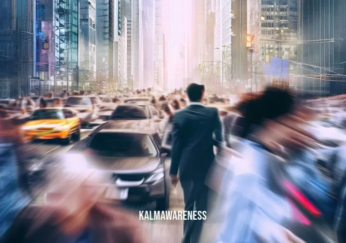 30 minute guided meditation _ Image: A bustling cityscape with people rushing around, looking stressed and overwhelmed.Image description: Crowded streets filled with hurried commuters, honking cars, and a chaotic urban backdrop.
