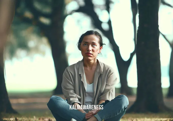 30 minute guided meditation _ Image: A woman sitting cross-legged in a park, surrounded by tall trees and chirping birds, with a worried expression on her face.Image description: A woman dressed in casual attire, sitting alone in a serene park, looking anxious and lost in thought.