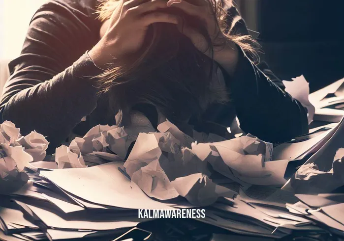 5 minute self love meditation _ Image: A cluttered desk with scattered papers and a stressed person hunched over it.Image description: A person overwhelmed with work, surrounded by chaos.