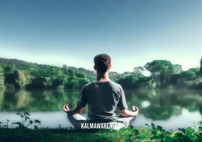jack kornfield meditation for beginners _ Image: A person, now relaxed and smiling, meditating by a tranquil lakeside with lush greenery and a clear blue sky above.Image description: Having embarked on their meditation journey, the person has found peace by a serene lakeside, reflecting the transformation from chaos to tranquility.
