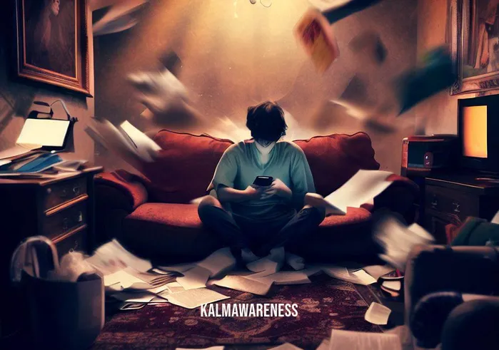 meditation audiobooks _ Image: A chaotic living room, cluttered with distractions - a TV blaring, a smartphone buzzing, and scattered papers. Image description: A person sits on the couch, overwhelmed, surrounded by the chaos, trying to find inner peace amidst the noise.