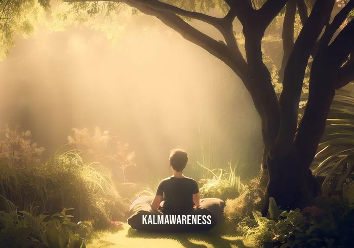 meditation audiobooks _ Image: A tranquil garden bathed in soft sunlight, with the person meditating on a comfortable cushion under a tree. Image description: Surrounded by nature, the person finds serenity, their mind calm and focused.