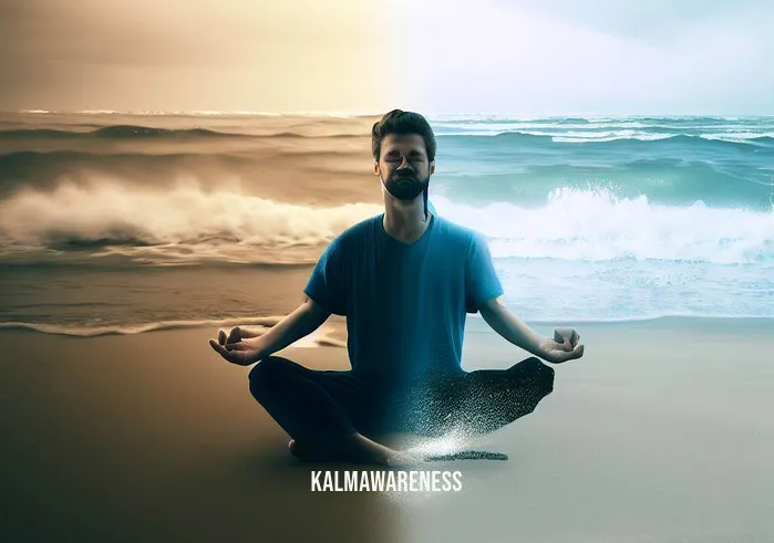 meditation made simple _ Image: The same person now sits cross-legged on a serene beach, waves gently lapping at the shore, with eyes closed in peaceful meditation.Image description: A serene beach setting with the same person meditating, conveying the shift from chaos to inner peace.