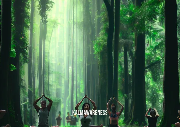 meditation made simple _ Image: A group of people practicing yoga in a lush, green forest, surrounded by tall trees and chirping birds.Image description: A group of people doing yoga in a serene forest environment, reflecting the power of meditation to connect with nature.