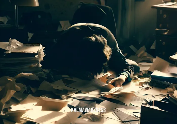 meditation timer 10 minutes _ Image: A cluttered and chaotic room with scattered papers and a stressed person hunched over a desk.Image description: The room is filled with disarray, and a person looks overwhelmed by the mess and stress.