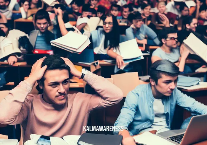 umass meditation _ Image: A crowded and chaotic lecture hall filled with stressed-out students, textbooks scattered, and laptops open.Image description: Students look overwhelmed, with furrowed brows and tense expressions, desperately seeking relief from their academic stress.