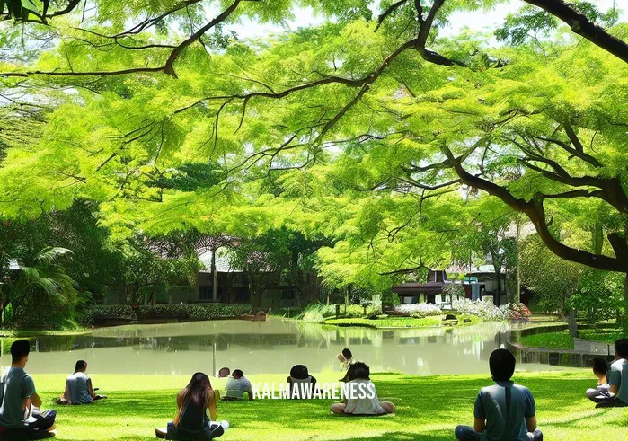 umass meditation _ Image: A serene outdoor scene with a peaceful park, green trees, and a tranquil pond.Image description: Several students sit under the shade of a tree, attempting to meditate amidst the calming sounds of nature.