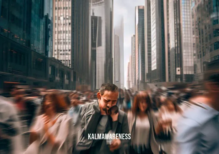 10 minute grounding meditation _ Image: A bustling city street filled with people rushing around, looking stressed and distracted. Image description: The cityscape is filled with tall buildings, and pedestrians are on their phones or hurrying with their heads down.