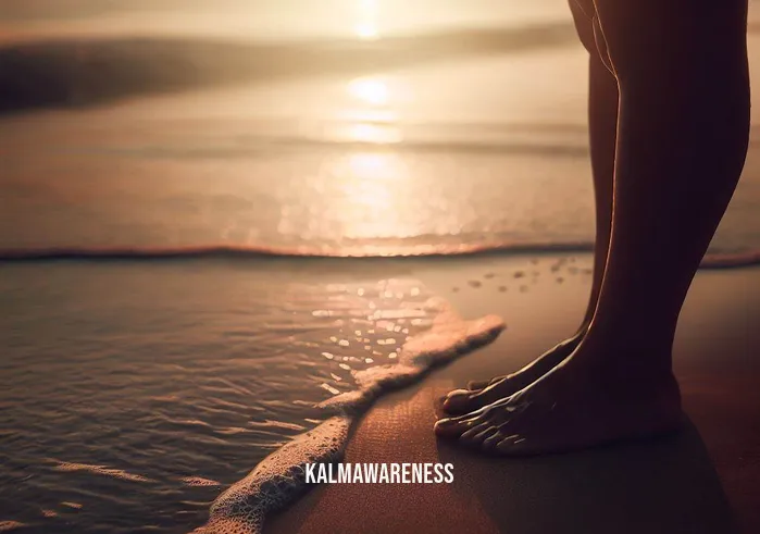 10 minute grounding meditation _ Image: A tranquil beach at sunset, where someone stands barefoot in the sand, waves gently lapping at their feet, as they breathe deeply and relax. Image description: The person