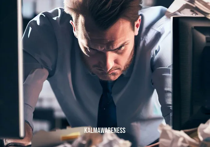 4 minute body scan _ Image: A busy, stressed-out office worker hunched over a cluttered desk, staring at a computer screen with a furrowed brow.Image description: The image depicts a scene of workplace stress, with papers strewn across the desk and a disorganized environment.