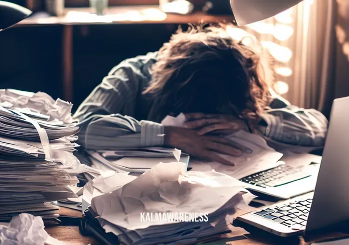 4 minute guided meditation _ Image: A cluttered desk with papers, a laptop, and a stressed person hunched over it. Image description: A messy workspace with scattered documents and a person looking overwhelmed.