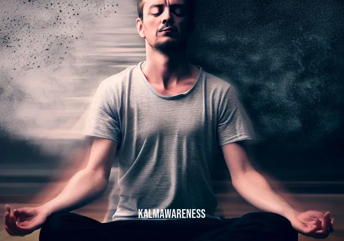 4 minute guided meditation _ Image: The same person now sitting cross-legged on a yoga mat with eyes closed. Image description: The individual has transitioned from chaos to a peaceful meditation pose.