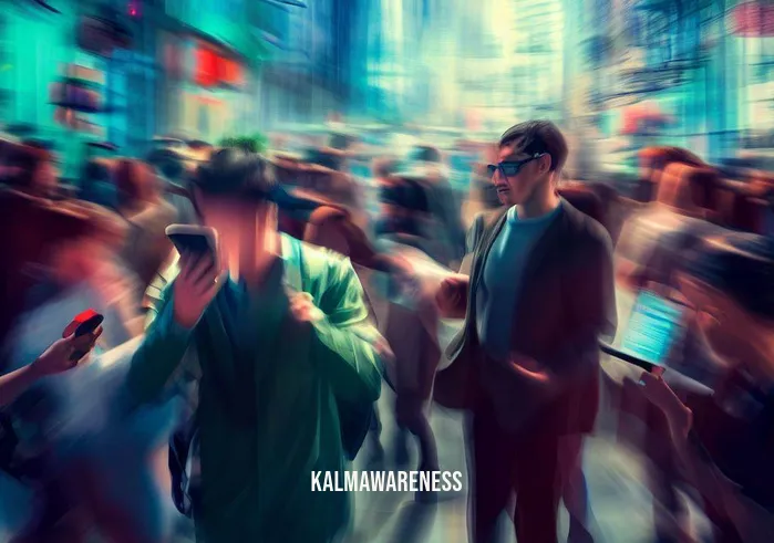 4 minute meditation _ Image: A bustling city street, crowded with people in a hurry, horns blaring, and smartphones in hand.Image description: A chaotic urban scene with pedestrians rushing and distracted by their daily lives.