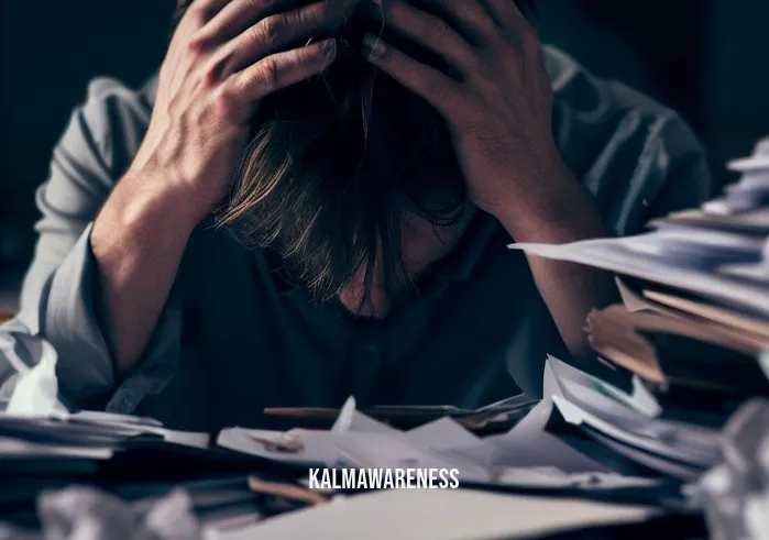 4 minute meditation _ Image: A close-up of a stressed office worker at their cluttered desk, head in hands, overwhelmed by paperwork and deadlines.Image description: A weary individual surrounded by a mess of documents and the weight of stress visibly on their shoulders.