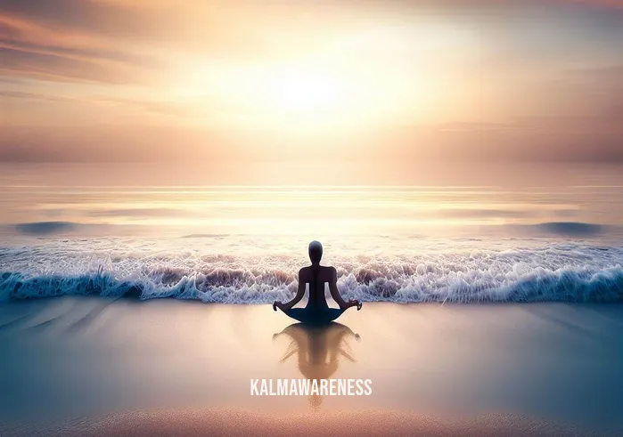 4 minute meditation _ Image: A serene beach at sunset, with gentle waves lapping the shore, and the meditator now in a peaceful yoga pose, connected with the sea and sky.Image description: A tranquil beach scene where the meditator has transitioned into a state of harmony with nature, practicing yoga with a backdrop of the setting sun.