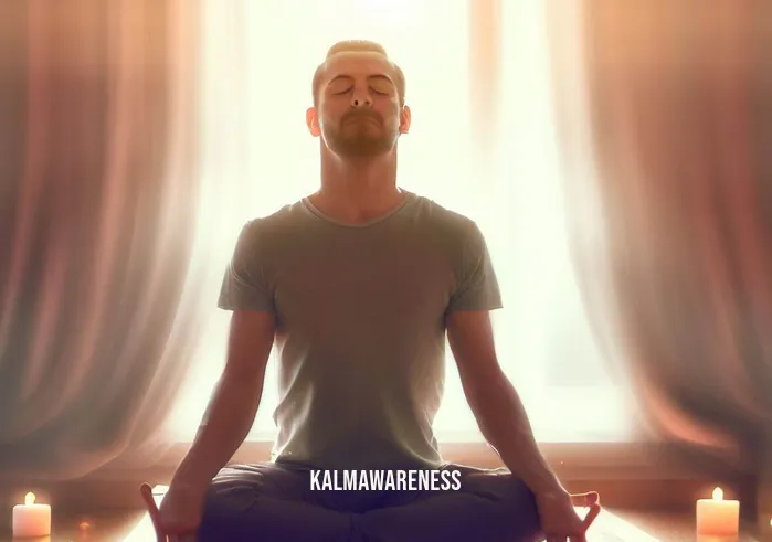 5 minute visualization meditation _ Image: A person sitting cross-legged on a yoga mat in a serene, sunlit room, eyes closed, surrounded by flickering candles and soft instrumental music.Image description: A peaceful meditation space, bathed in natural light and tranquility, where the individual begins to unwind.