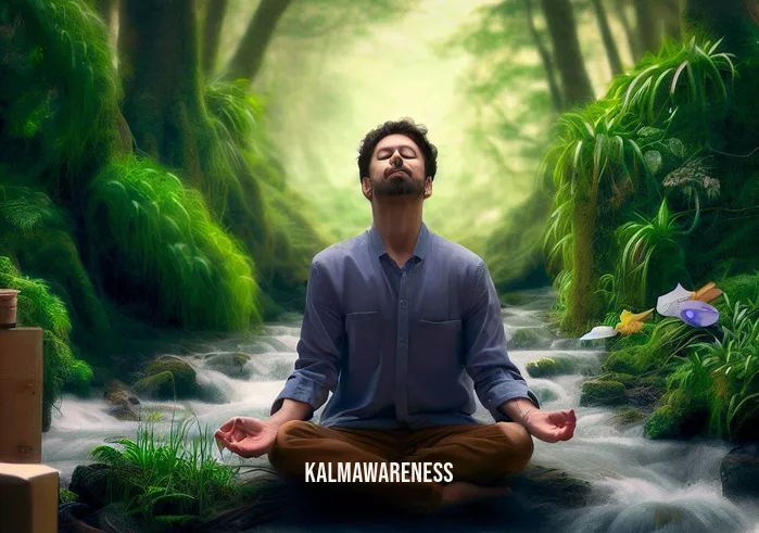 5 minute visualization meditation _ Image: The same person now sits beside a gently flowing stream in a lush forest, still in a meditative posture, but with a calm smile on their face.Image description: The individual has transitioned from the cluttered desk to a serene forest, finding inner peace by the soothing stream.