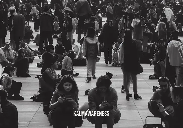 5 minutes of silence _ Image: A public square filled with people, all engrossed in their smartphones and headphones, oblivious to their surroundings.Image description: In stark contrast to the previous images, this one showcases a society engrossed in their digital worlds, disconnected from the real world around them.