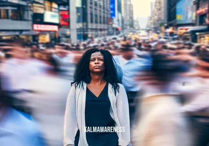 african american meditation _ Image: A crowded urban street, bustling with people rushing past. A young African American woman stands amidst the chaos, looking stressed and overwhelmed.Image description: Amidst a bustling city street, a young African American woman appears stressed and overwhelmed, surrounded by the fast-paced urban environment.