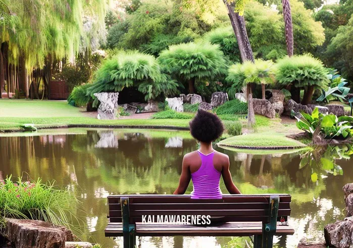 african american meditation _ Image: A serene park with a tranquil pond. The same young woman is now seated on a bench, attempting to meditate amidst the natural beauty, but she still looks distracted.Image description: In a serene park with a tranquil pond, the young African American woman sits on a bench, attempting to meditate but still struggling with distractions.