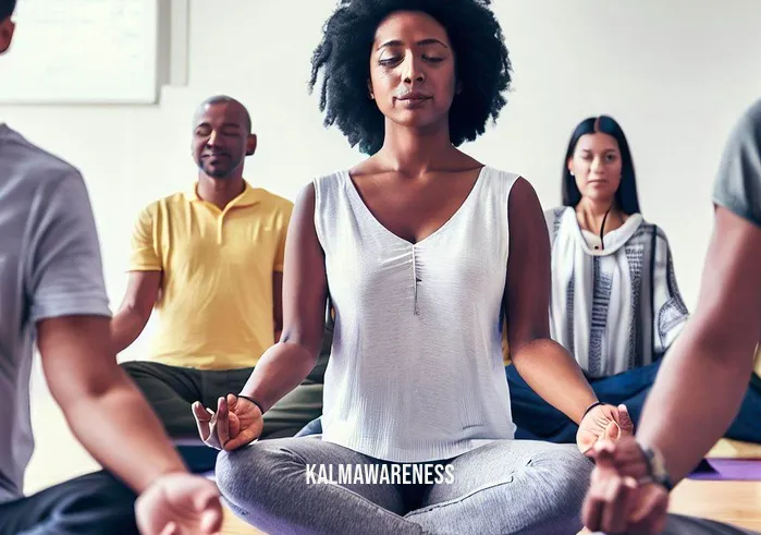 african american meditation _ Image: A diverse group of people participating in a meditation class led by an experienced instructor. The young woman is among them, looking more at ease as she learns to meditate.Image description: In a diverse group meditation class led by an experienced instructor, the young African American woman begins to find her inner peace, surrounded by a supportive community.