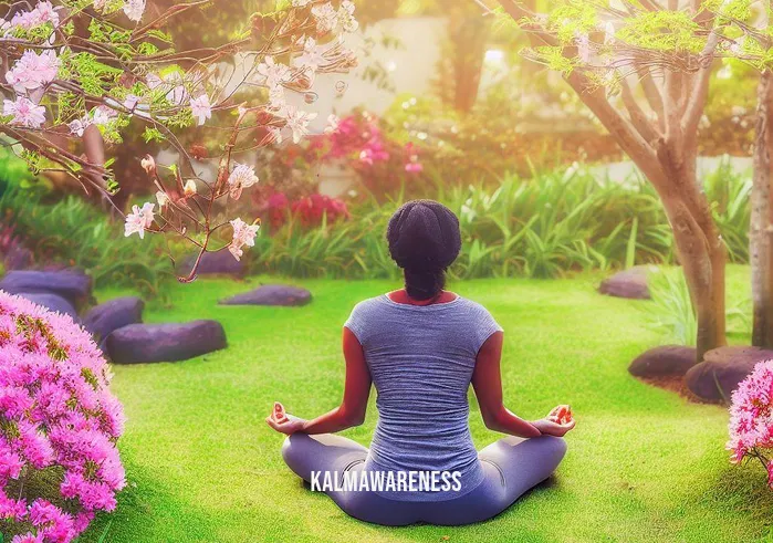 african american meditation _ Image: A peaceful meditation garden with blooming flowers and a gentle breeze. The woman now sits in perfect tranquility, fully immersed in her meditation practice.Image description: In a serene meditation garden with blooming flowers and a gentle breeze, the young African American woman has found inner peace, fully immersed in her meditation practice.