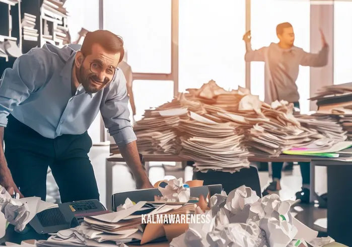 are you through _ Image: A cluttered, disorganized office with papers and files strewn about haphazardly. Image description: An office space in chaos, with stressed employees trying to make sense of the mess.