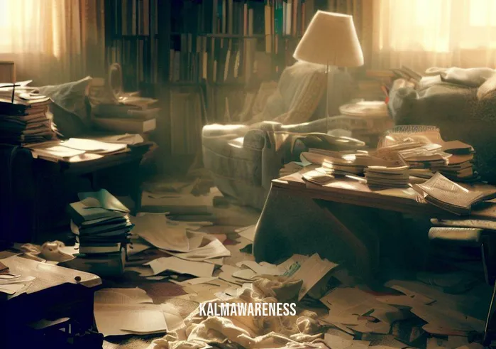 balance meditation script _ Image: A cluttered, chaotic living room with scattered books, papers, and a disorganized workspace.Image description: The room is a mess, with papers strewn about, creating a sense of chaos and disarray.