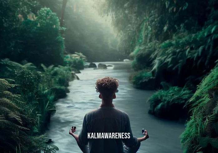 balance meditation script _ Image: The person now practices meditation, surrounded by a serene natural setting with a calm river and lush greenery.Image description: The same person has found solace in meditation, now surrounded by nature, beside a calm river, finding inner balance.