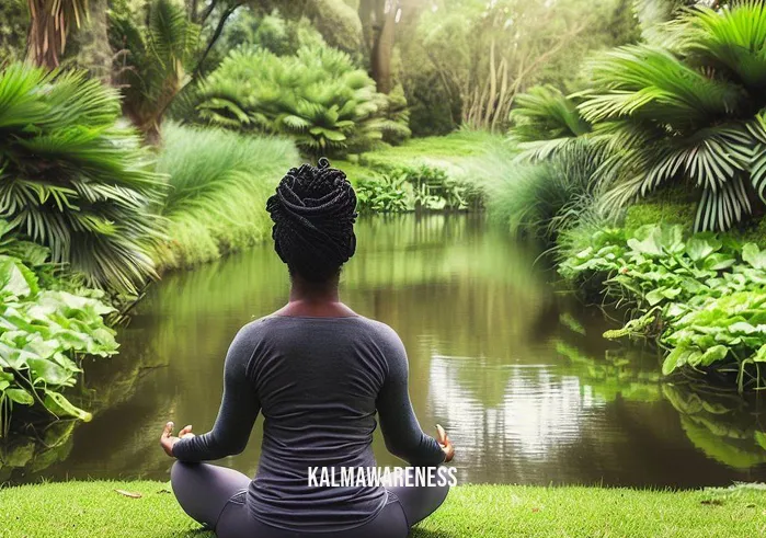 black woman meditation _ Image: She retreats to a serene park, still sitting cross-legged but now with a more focused expression, as nature surrounds her with lush greenery and a tranquil pond.Image description: In the peaceful embrace of nature, the black woman