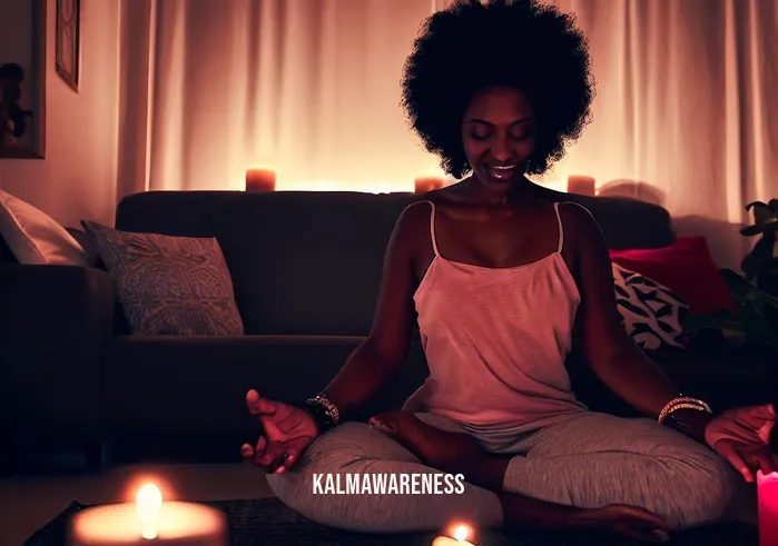 black woman meditation _ Image: She practices meditation alone in her cozy, candlelit room, now completely at ease, a gentle smile on her face.Image description: In her personal sanctuary, the black woman has mastered the art of meditation, finding peace within herself and radiating a sense of inner contentment.