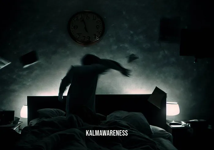 guided meditations for deep sleep _ Image: A dimly lit bedroom with a person tossing and turning in bed, surrounded by scattered pillows and a clock showing 3:00 AM.Image description: A sleepless night filled with restlessness, a disheveled bed, and a clock marking the late hours.