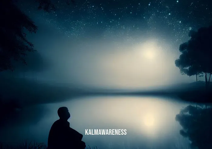 guided meditations for deep sleep _ Image: A serene nature scene, bathed in moonlight, with a calm lake reflecting the starry sky, and a silhouette of a person sitting by the water