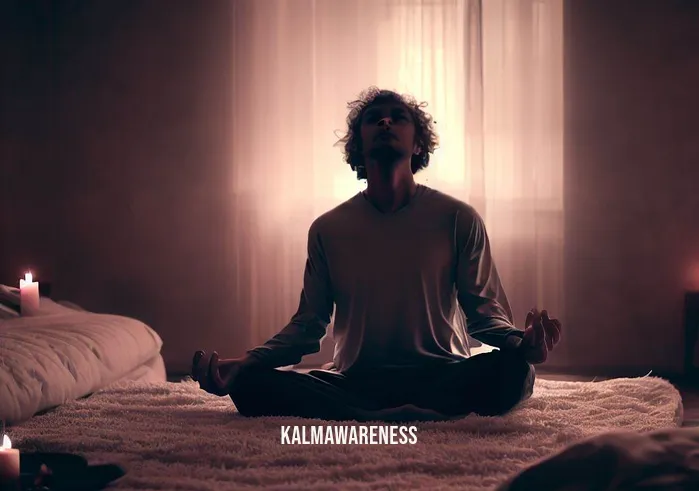 guided meditations for deep sleep _ Image: A cozy bedroom with soft candlelight and a person sitting cross-legged on the floor, meditating peacefully with closed eyes.Image description: Transitioning to tranquility, a softly lit room, and a meditator immersed in deep meditation, leaving behind restlessness.