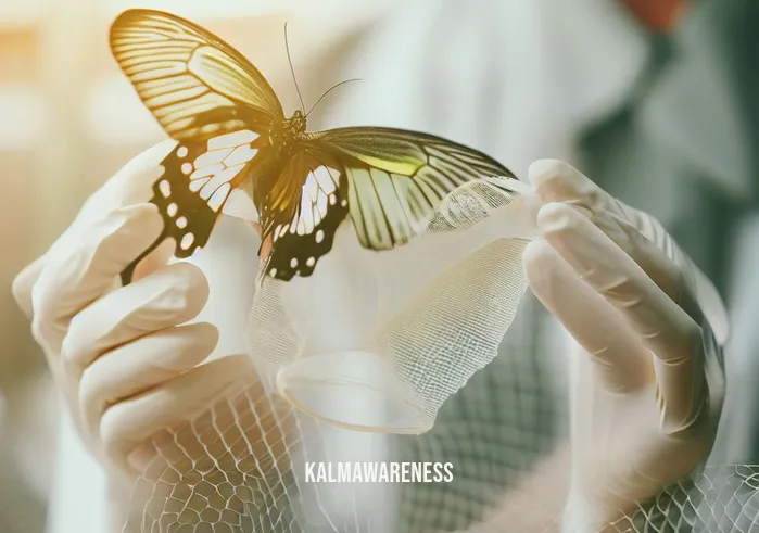 butterfly body scan _ Image: A scientist carefully captures the butterfly with a gentle net. Image description: The researcher wears latex gloves, ensuring a safe and non-invasive approach.
