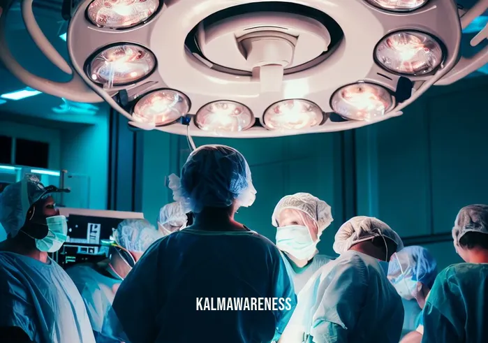 c section meditation _ Image: A busy operating room, bright lights overhead, surgeons in scrubs preparing for a C-section. Image description: The surgical team stands ready, anticipation fills the room.