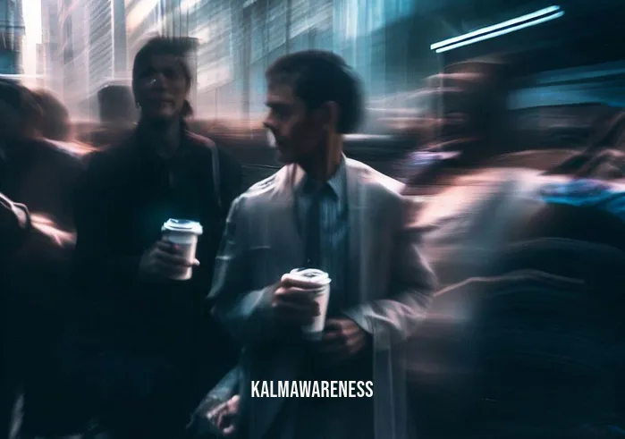 cacao meditation _ Image: A bustling city street, people rushing by with coffee cups in hand, their faces tense and hurried.Image description: The cityscape is filled with busy commuters, consumed by the chaos of their daily lives.