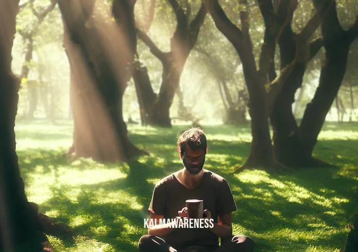 cacao meditation _ Image: A serene park, dappled sunlight filtering through lush trees, where a person sits cross-legged, holding a cacao drink.Image description: Amidst nature