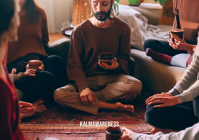 cacao meditation _ Image: A group of people gather in a cozy living room, sitting in a circle with their eyes closed, sipping cacao mindfully.Image description: The group unites, creating an atmosphere of shared mindfulness as they engage in cacao meditation.