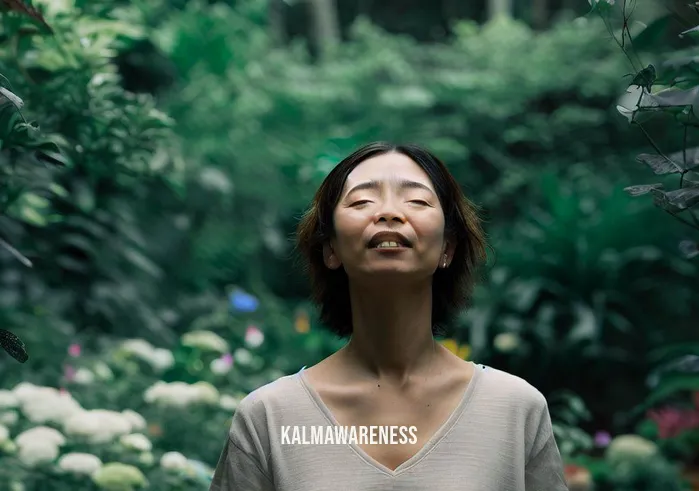 calm body scan _ Image: The same woman now stands in a tranquil garden, surrounded by lush greenery and colorful flowers. She has her eyes closed, taking a deep breath.Image description: Her posture is more relaxed, and her hands hang by her sides as she begins to unwind amidst the serene nature.