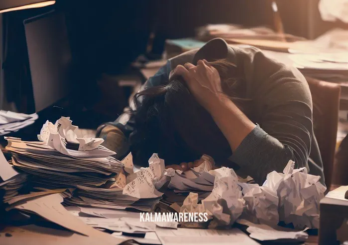 calm counts _ Image: A cluttered and chaotic workspace with papers strewn about, a stressed person hunched over their desk.Image description: A cluttered and chaotic workspace with papers strewn about, a stressed person hunched over their desk.