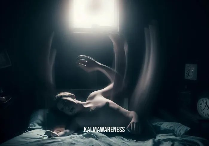 guided sleep meditation with music _ Image: A person lying in bed, tossing and turning, with a restless expression, surrounded by a dimly lit room.Image description: Restless nights and anxious thoughts disrupt peaceful sleep. The room is cloaked in darkness, with the faint glow of a digital clock casting an eerie light.