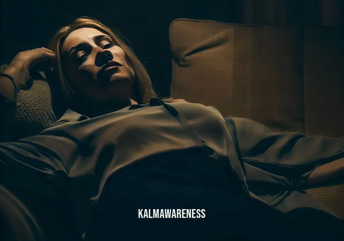 can i lay down to meditate _ Image: A woman lies on a couch in a dimly lit room, still in her work clothes, her face displaying signs of stress. Image description: Seeking solace, a woman lies on a couch in a dimly lit room, but her body remains tense, unable to fully relax.