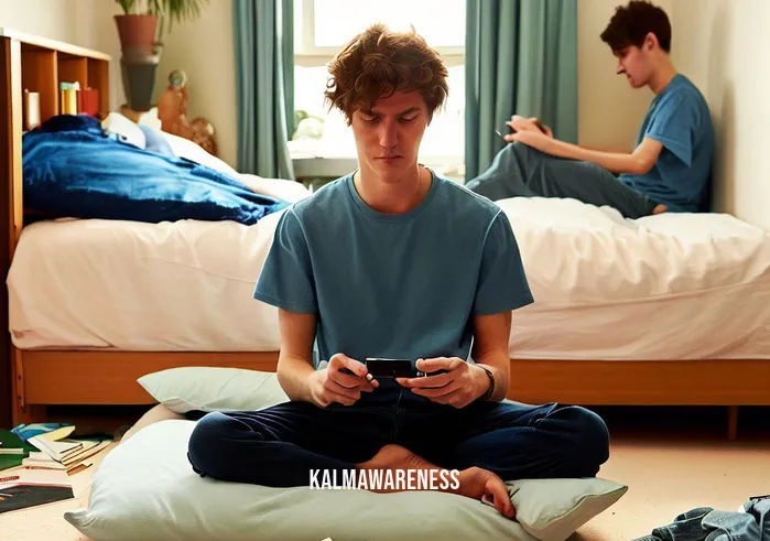 can i meditate in bed _ Image: The same bedroom, now tidier, with a person sitting cross-legged on the bed. They are attempting to meditate but appear distracted, glancing at their buzzing smartphone beside them.Image description: The same bedroom, now tidier, with a person sitting cross-legged on the bed. They are attempting to meditate but appear distracted, glancing at their buzzing smartphone beside them.