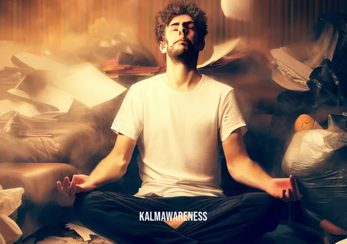can you lay down and meditate _ Image: The same person sitting cross-legged on a meditation cushion amidst the chaos, attempting to meditate. Image description: The person sitting calmly on a meditation cushion, attempting to find inner peace amidst the mess.