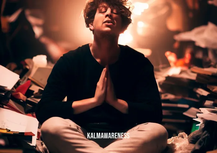 can you lay down while meditating _ Image: A person sitting cross-legged amidst the clutter, their face tense and brows furrowed.Image description: A person attempting to meditate amidst the chaos, struggling to find calm.